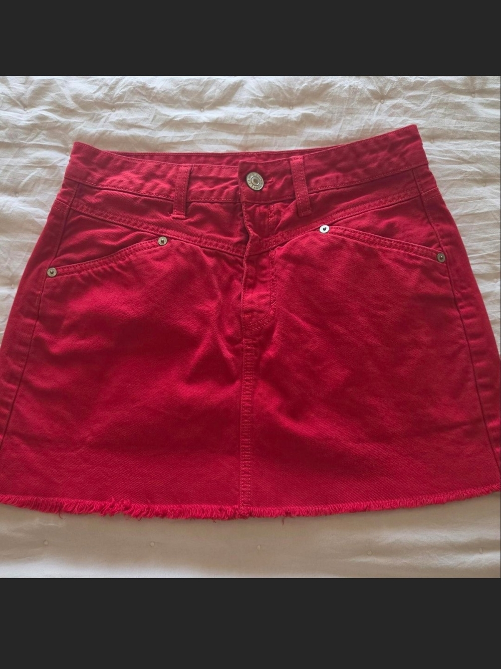 American Eagle Outfitters Red Denim Mini Skirt with Frayed Hemline